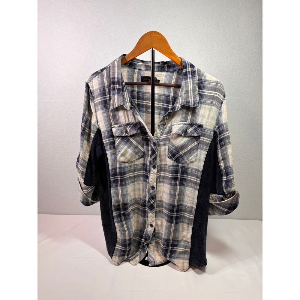 Cavalini Plaid Collection Button Down Shirt Blue Cream Corduroy Side Panels XL